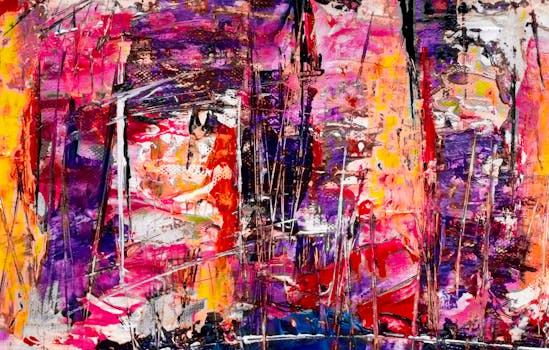 Colorful abstract painting with dynamic strokes on canvas, highlighting modern art expressionism.